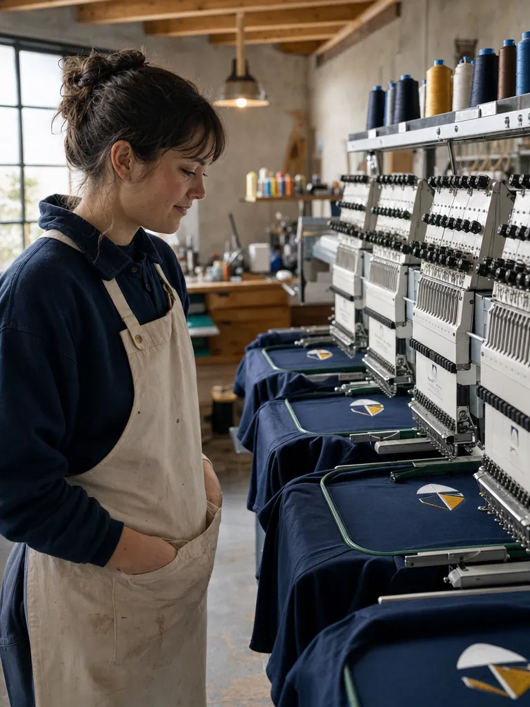 Embroidery machine stitching emblems onto navy polo shirts