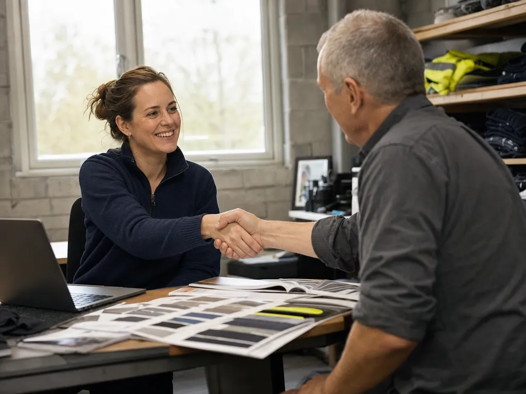 Handshake in the office of a workwear shop