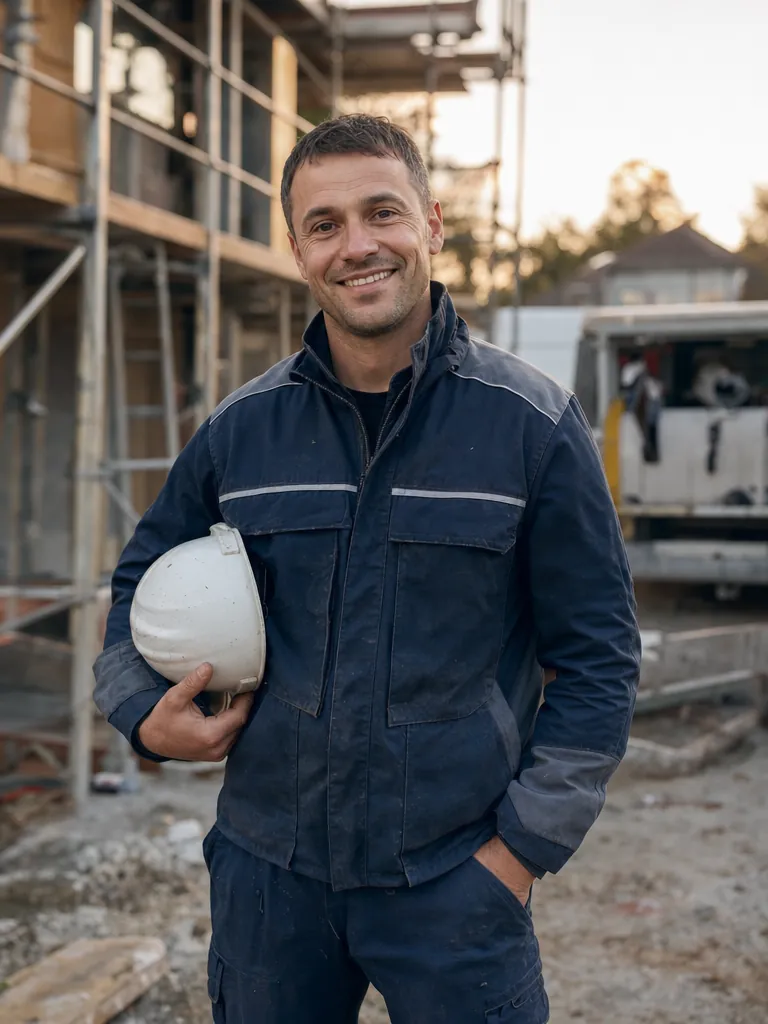 Installer in navy workwear on a construction site