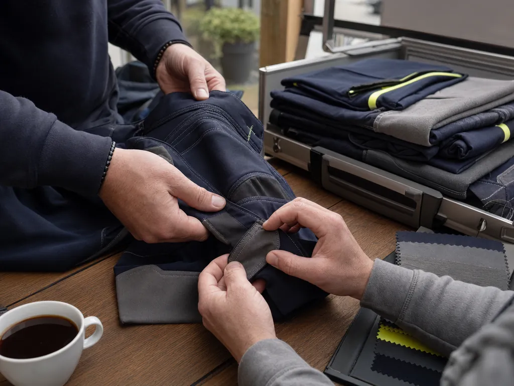 Hands checking the stitching of work trousers next to a sample case