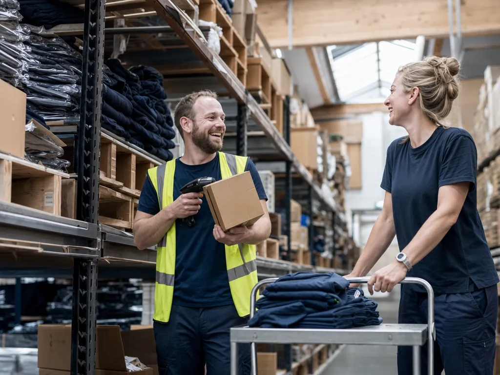 Warehouse staff picking workwear from stock